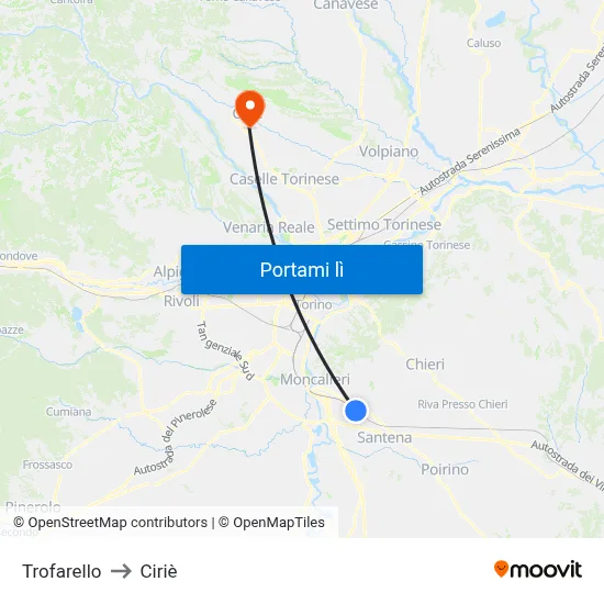 Trofarello to Ciriè map