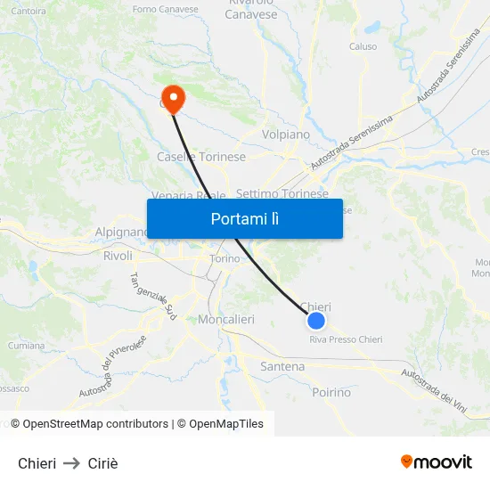 Chieri to Ciriè map