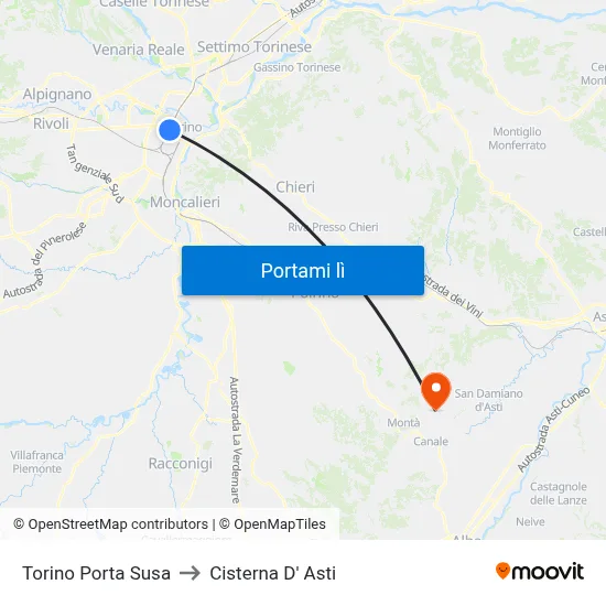 Torino Porta Susa to Cisterna D' Asti map
