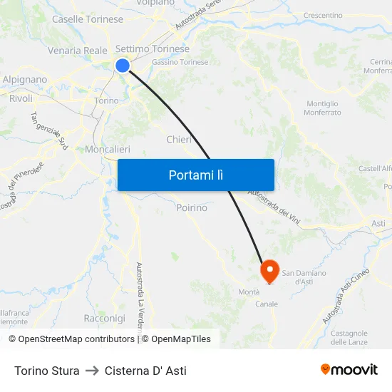 Torino Stura to Cisterna D' Asti map