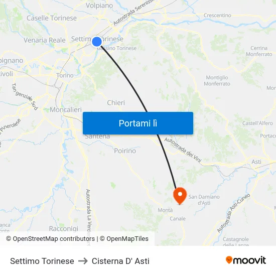 Settimo Torinese to Cisterna D' Asti map
