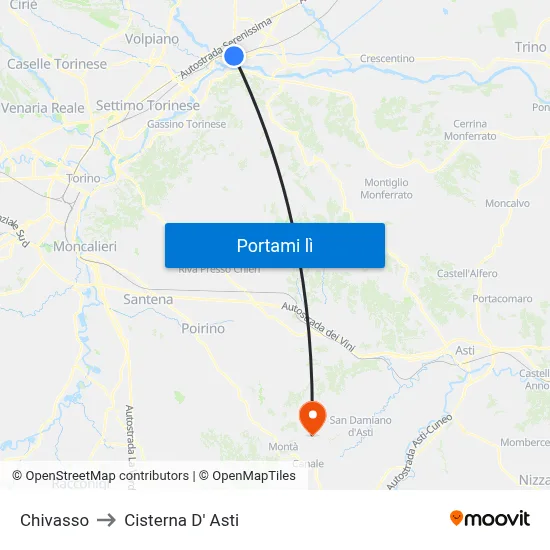 Chivasso to Cisterna D' Asti map