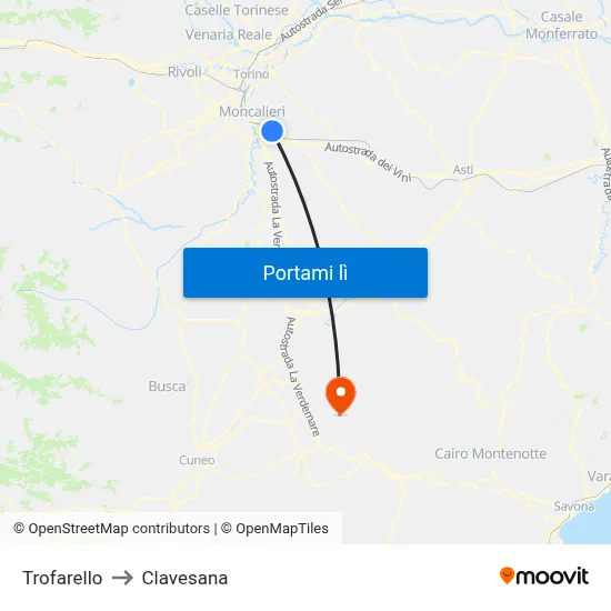Trofarello to Clavesana map