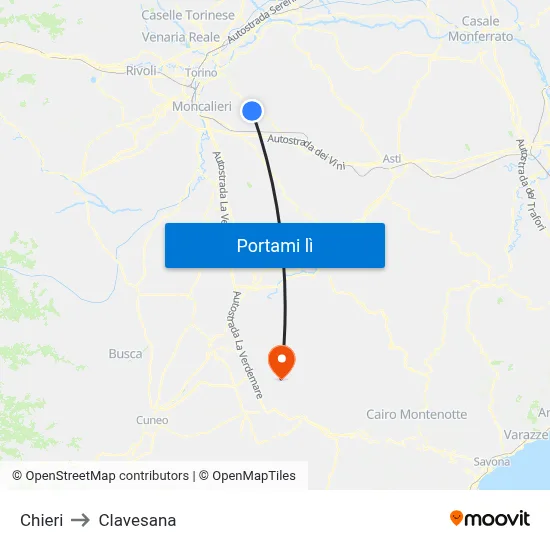 Chieri to Clavesana map