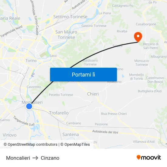 Moncalieri to Cinzano map