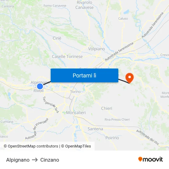 Alpignano to Cinzano map