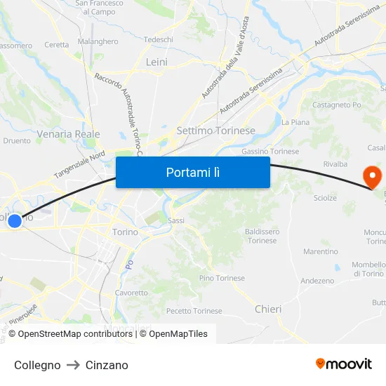 Collegno to Cinzano map