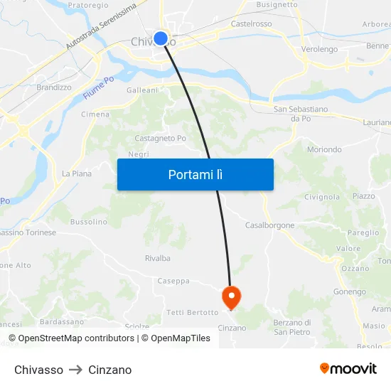 Chivasso to Cinzano map