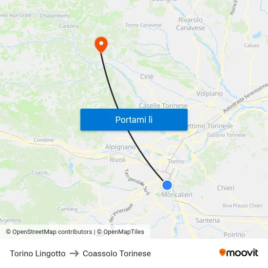 Torino Lingotto to Coassolo Torinese map