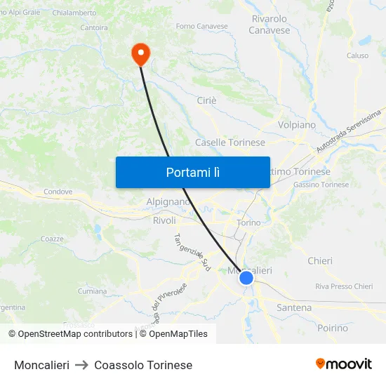 Moncalieri to Coassolo Torinese map