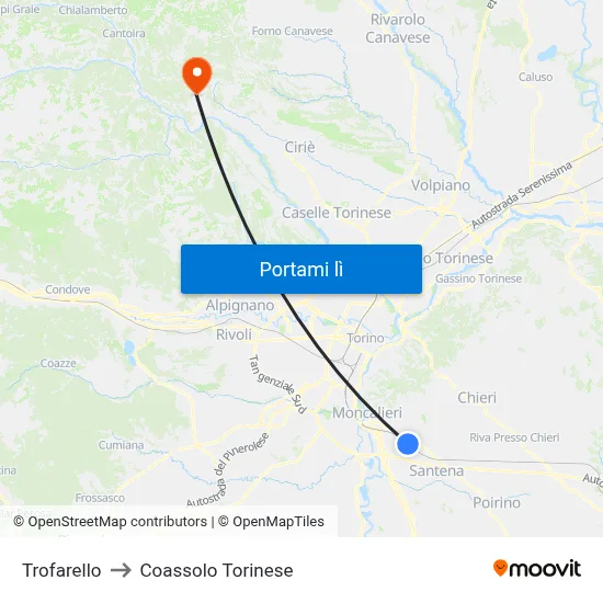 Trofarello to Coassolo Torinese map