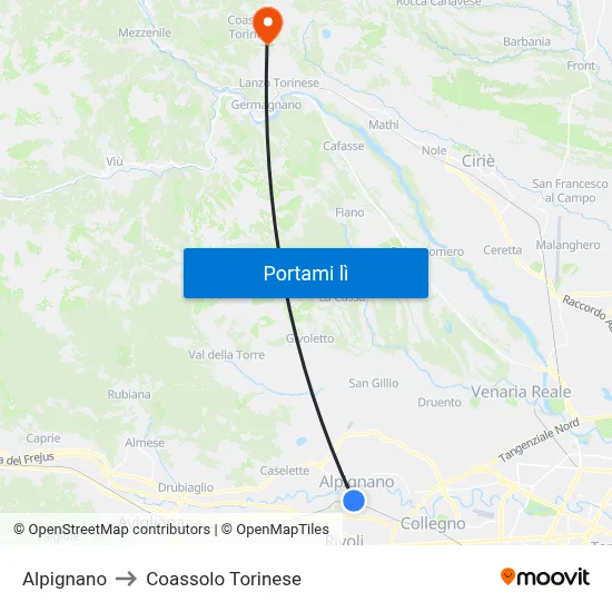 Alpignano to Coassolo Torinese map
