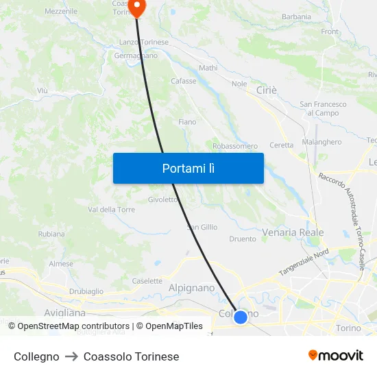 Collegno to Coassolo Torinese map