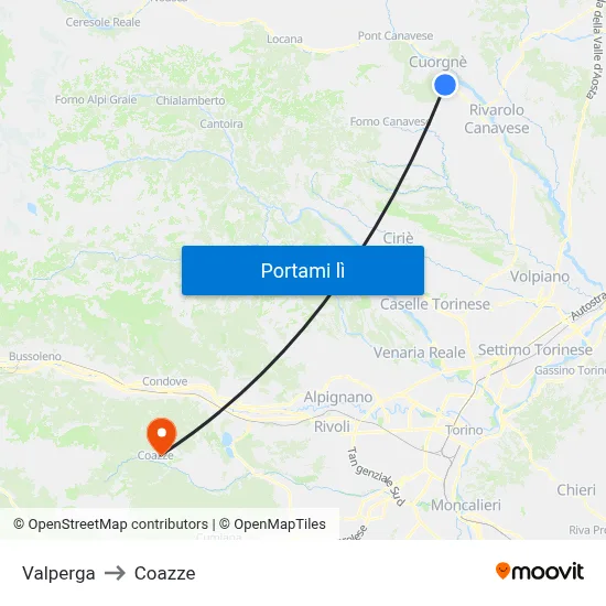 Valperga to Coazze map
