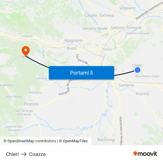 Chieri to Coazze map