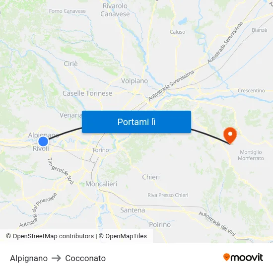 Alpignano to Cocconato map