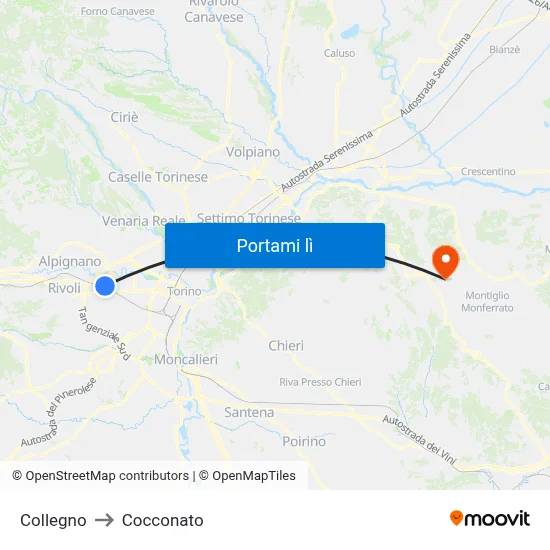 Collegno to Cocconato map