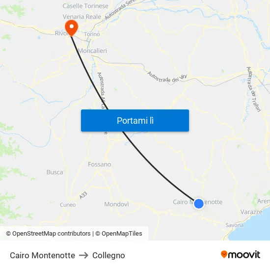 Cairo Montenotte to Collegno map