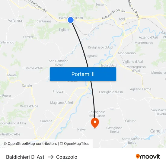 Baldichieri D' Asti to Coazzolo map