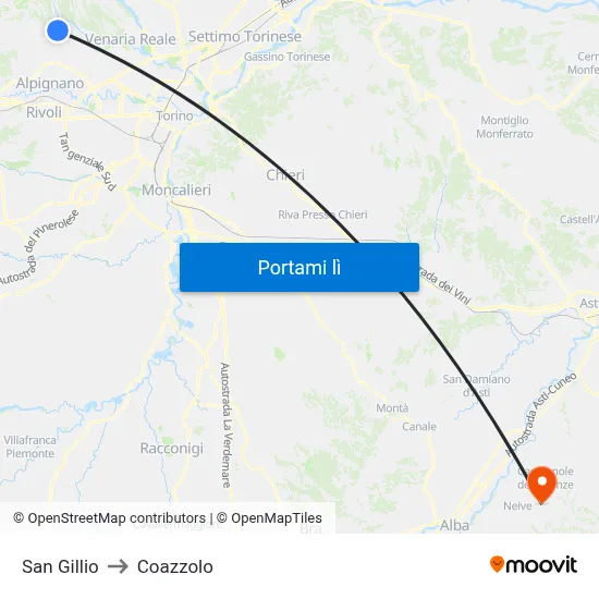 San Gillio to Coazzolo map