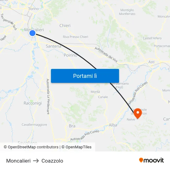 Moncalieri to Coazzolo map