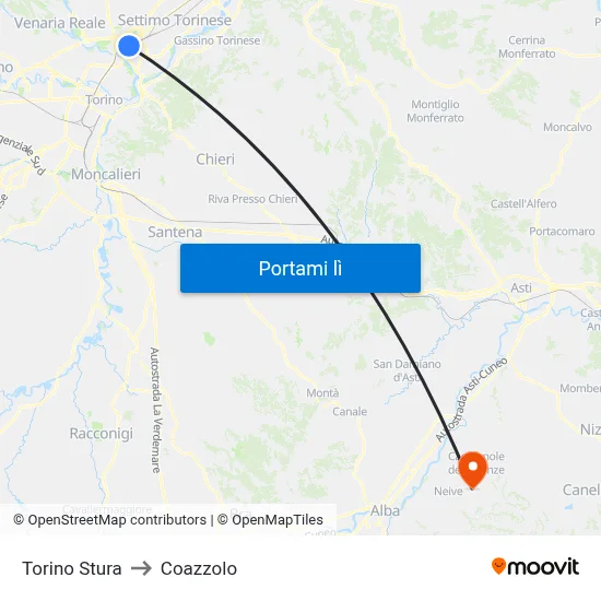 Torino Stura to Coazzolo map
