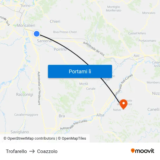 Trofarello to Coazzolo map