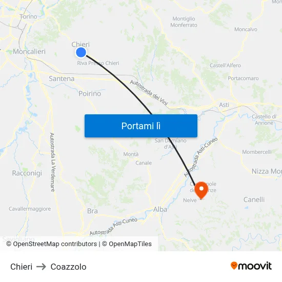 Chieri to Coazzolo map
