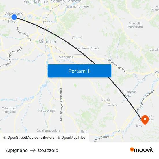 Alpignano to Coazzolo map