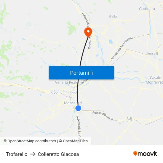 Trofarello to Colleretto Giacosa map