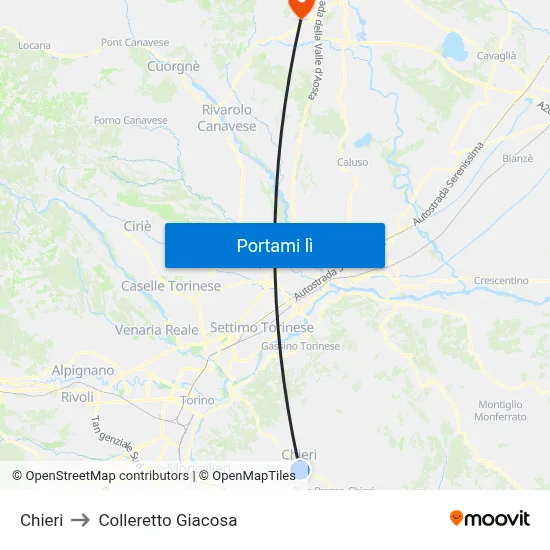 Chieri to Colleretto Giacosa map