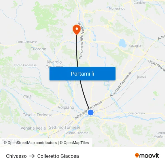 Chivasso to Colleretto Giacosa map