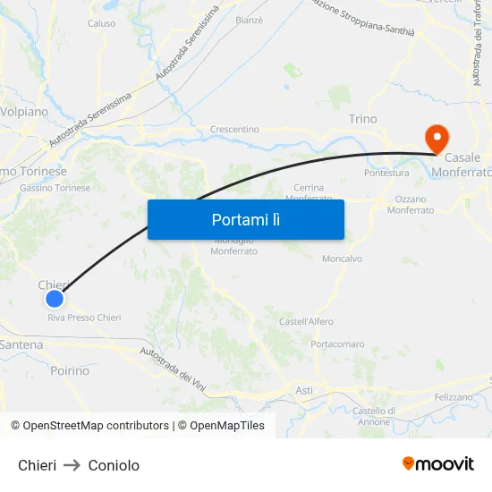 Chieri to Coniolo map