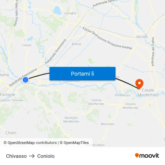 Chivasso to Coniolo map