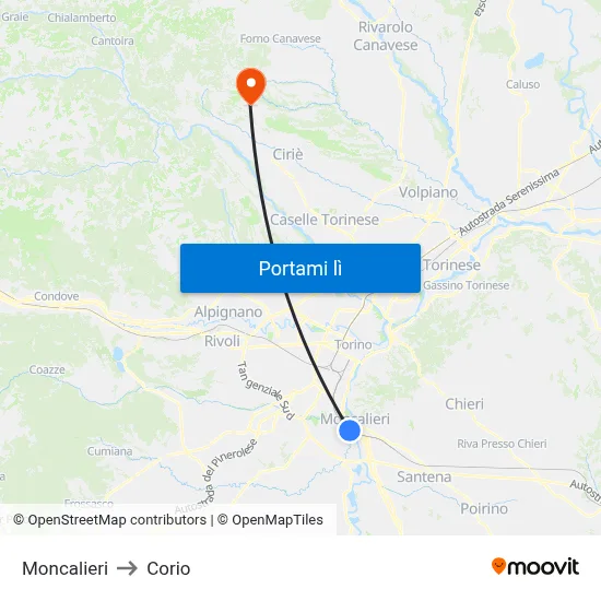 Moncalieri to Corio map