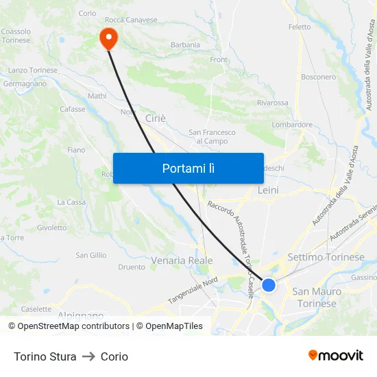 Torino Stura to Corio map