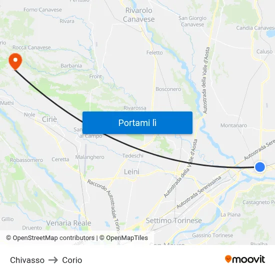 Chivasso to Corio map