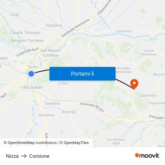 Nizza to Corsione map