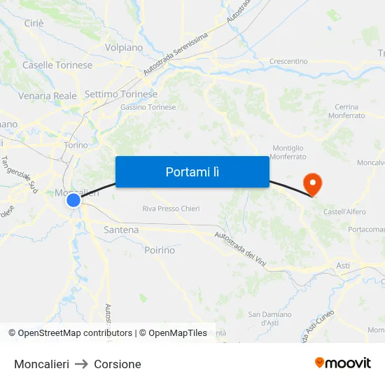 Moncalieri to Corsione map