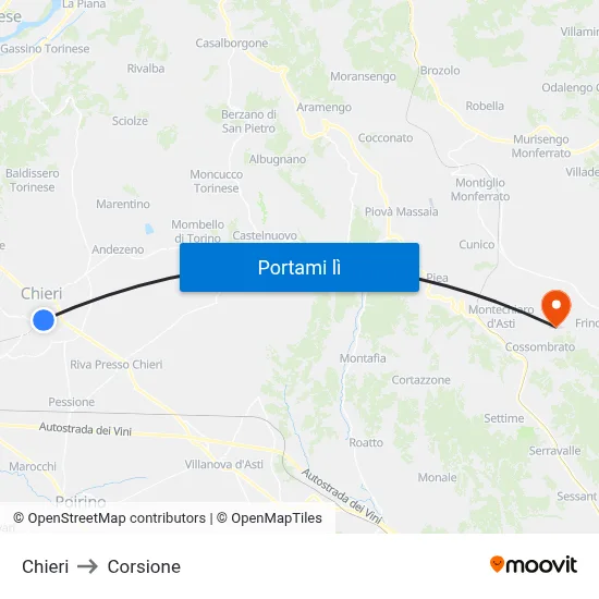 Chieri to Corsione map