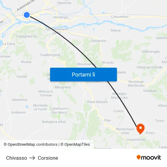 Chivasso to Corsione map