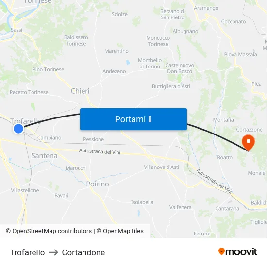 Trofarello to Cortandone map