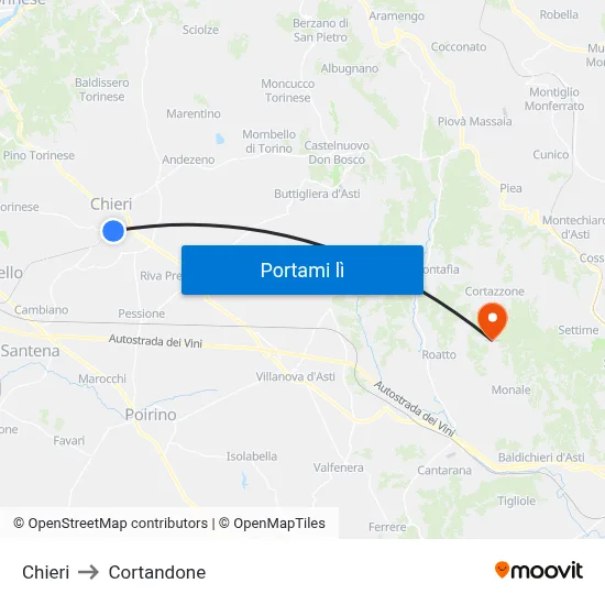 Chieri to Cortandone map