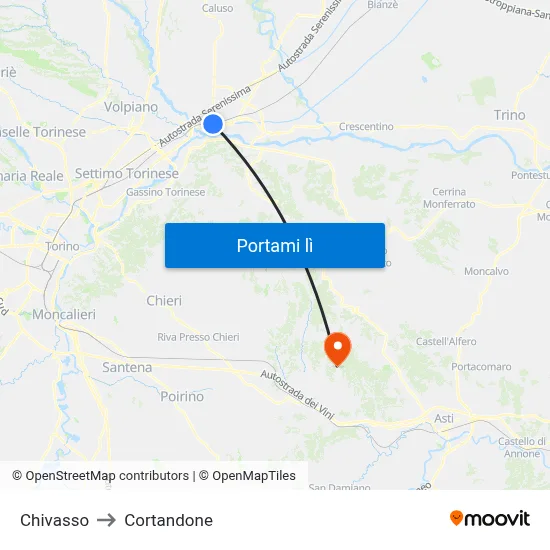 Chivasso to Cortandone map