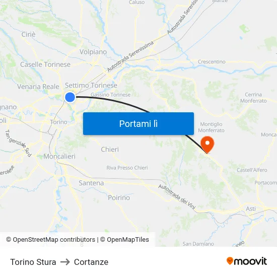 Torino Stura to Cortanze map