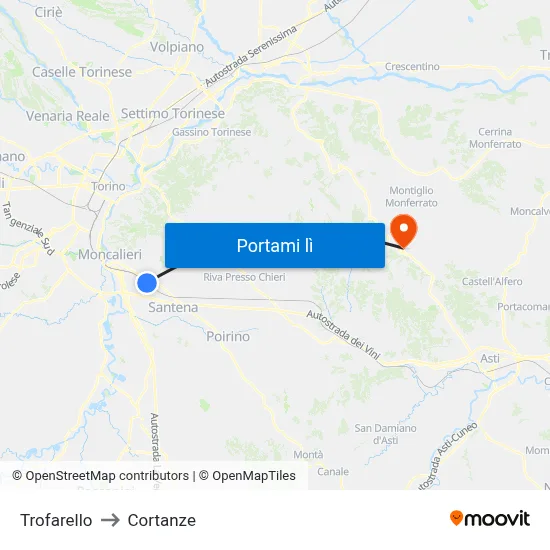 Trofarello to Cortanze map