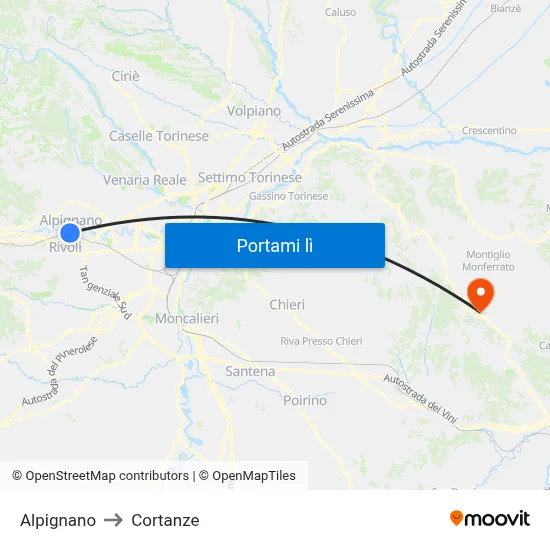 Alpignano to Cortanze map