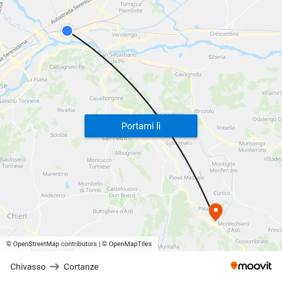 Chivasso to Cortanze map