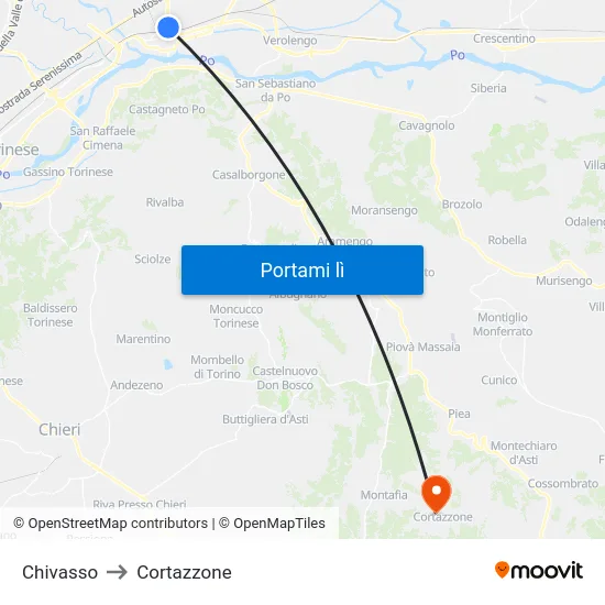 Chivasso to Cortazzone map