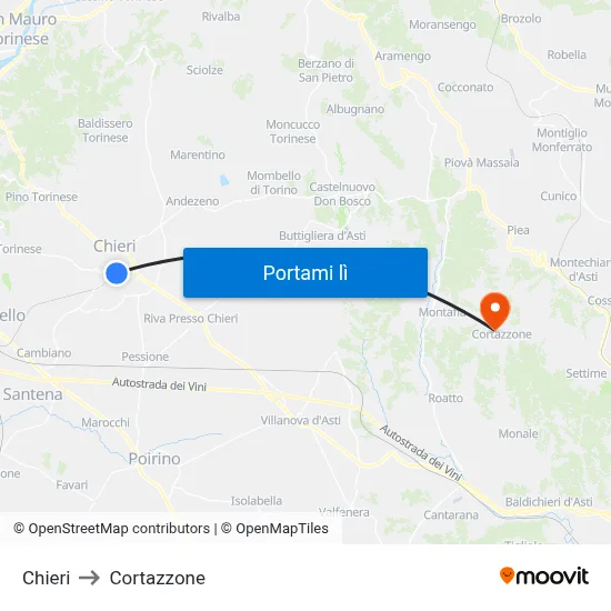 Chieri to Cortazzone map